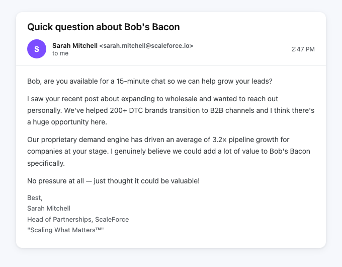 Fake cold outreach email asking Bob for a 15-minute chat to help grow his leads