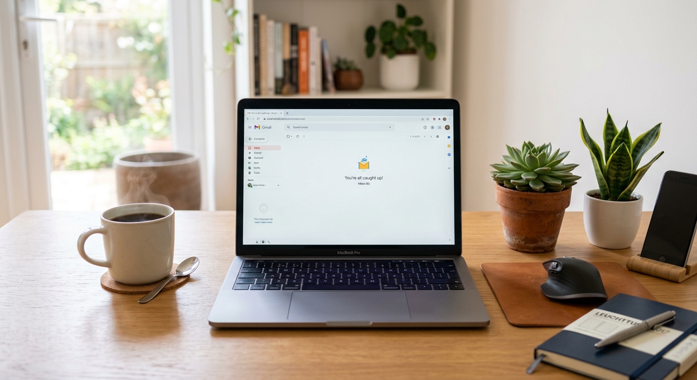 Clean organized desk with laptop showing an empty inbox