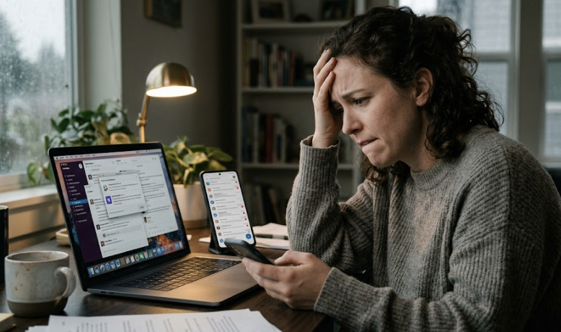 Woman frustrated by phone notifications while working at her laptop