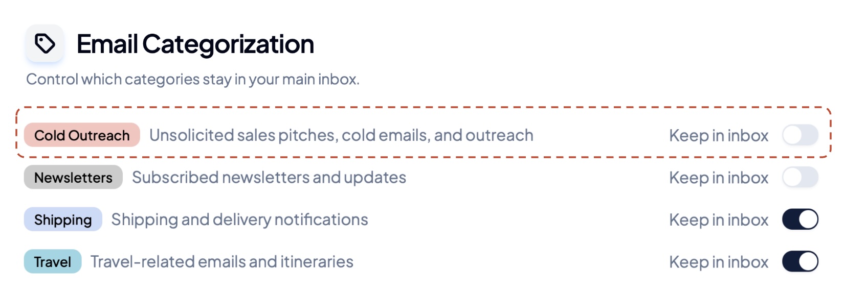 Tiko Mail email categorization settings showing Cold Outreach label with Keep in inbox toggle turned off